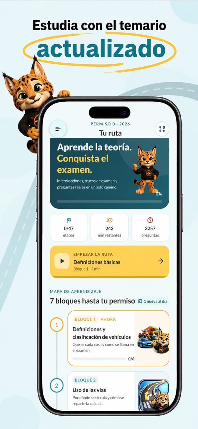 Pantalla real de SacaCarnet con el temario actualizado organizado por bloques