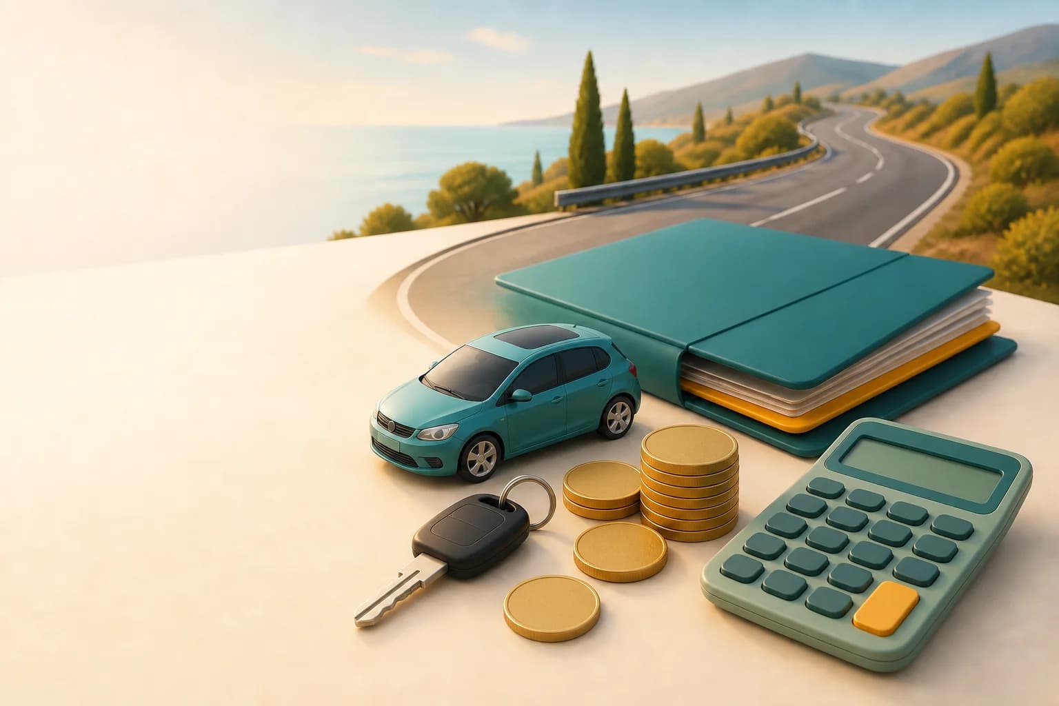 Coche, llaves, fichas doradas y calculadora junto a una carretera para representar el coste del carnet