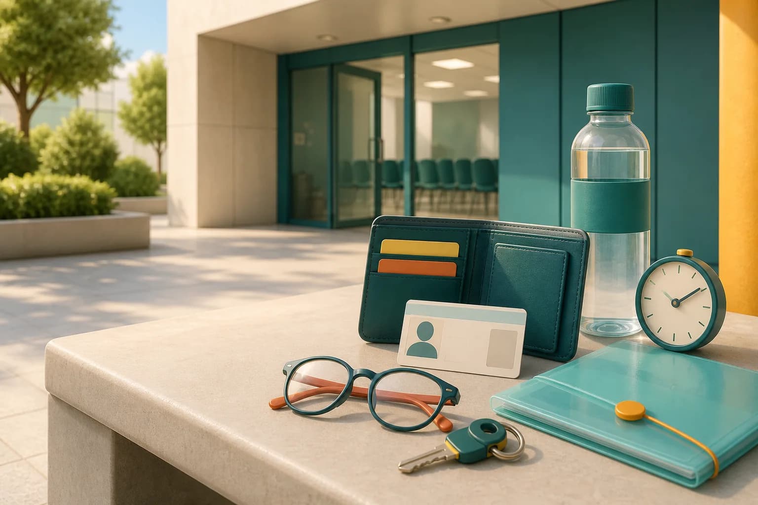 Documento, gafas, llaves y reloj preparados junto a la entrada de una sala de examen