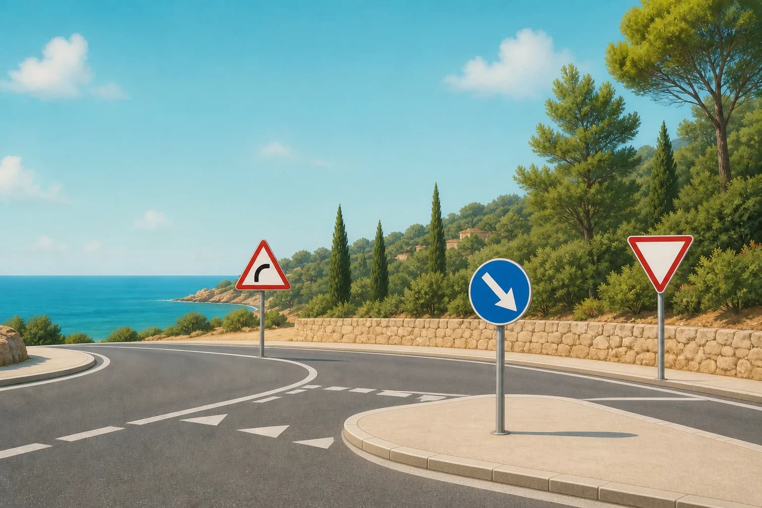 Señales de curva, paso obligatorio y ceda el paso en una carretera mediterránea