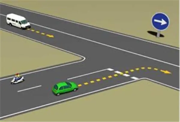 Imagen de apoyo para la pregunta: Al llegar a una intersección, la única señal que observa es una marca transversal discontinua en su carril, ¿qué debe hacer?