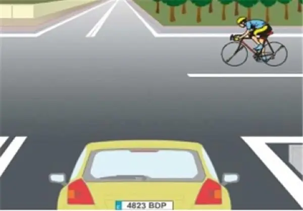 Imagen de apoyo para la pregunta: En esta intersección sin señales de preferencia, circulan ciclistas. ¿Cuándo debe cederles el paso?