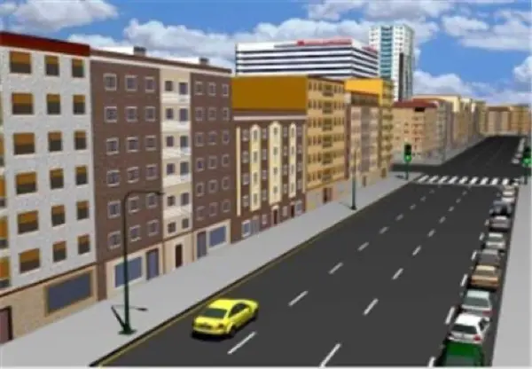 Imagen de apoyo para la pregunta: En esta vía urbana con tres carriles para cada sentido, ¿cuál es la velocidad máxima permitida?